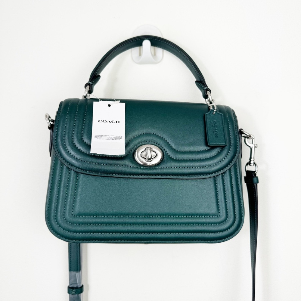 Coach Marlie Top Handle Satchel w/ Border Quilting Leather in Metallic Green